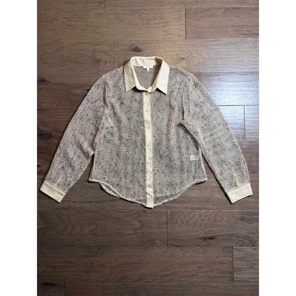 Peach Cream Open Knit Mesh Button Down Shirt Beige Long Sleeve BT3112R Large